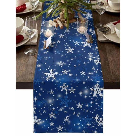 Blue Christmas Dresser Scarf Farmhouse, Dining Table Decorations for Wedding/Parties, Snowflake Winter Table Runner 48 Inches Long for Kitchen Dining, 13 x 48 In