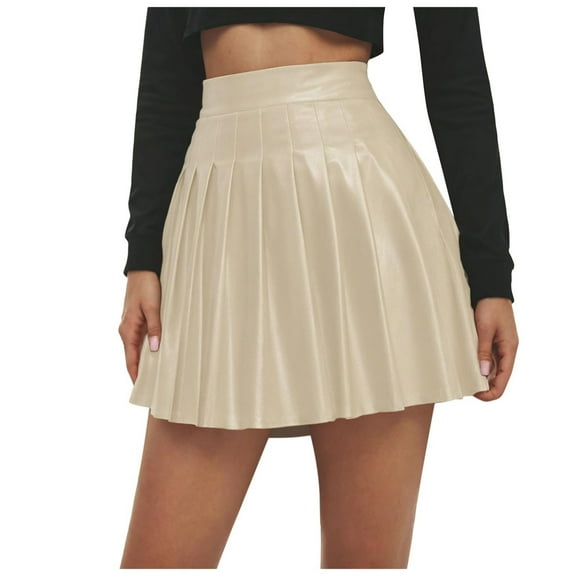 Juosiy Women Fashion High Waist Pleated Leather Skirt Elegant Temperament Versatile Solid Color Mini Skirts
