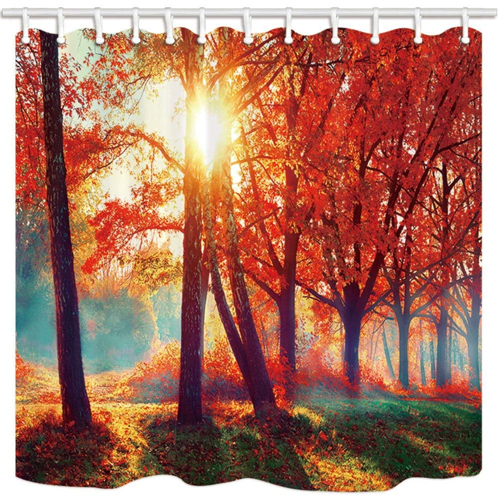 Autumn Red Leaves Tree Forest Bathroom Shower Curtain Waterproof Fabric 12 Hooks