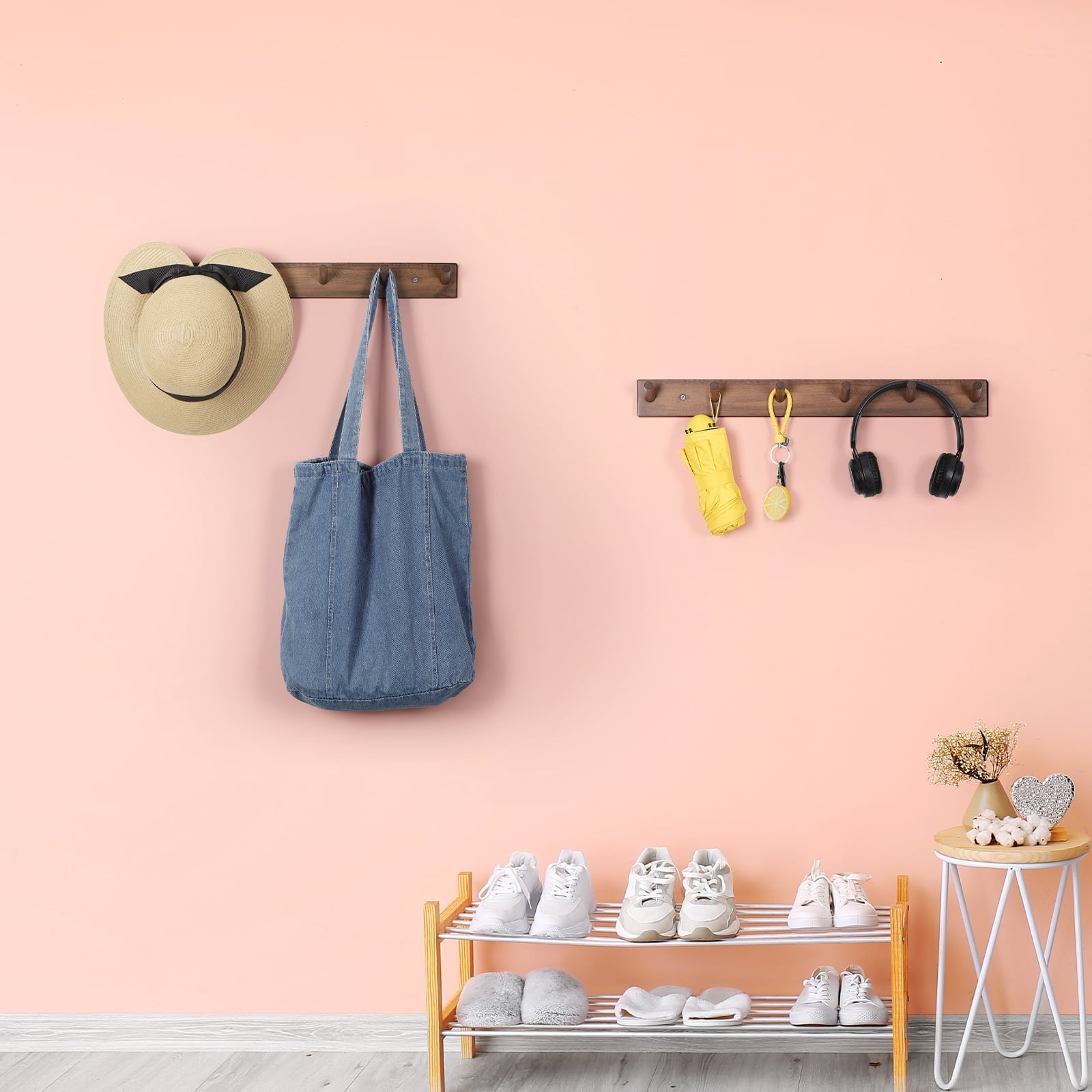 Wall Mounted Wood Coat and Hat Rack, 6 Hooks, Dark Brown