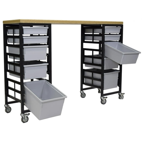 Mobile Workbench Storage Station w/Wood Top -10 StorSystem Trays-Gray