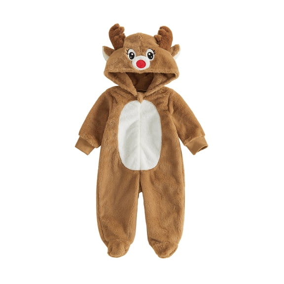 RUINIXCW Newborn Baby Girl Boy Christmas Reindeer Costume Kid Infant Fall Winter Outfit Fleece Snowsuit Footed Jumpsuit Long Sleeve Hooded Zip Romper