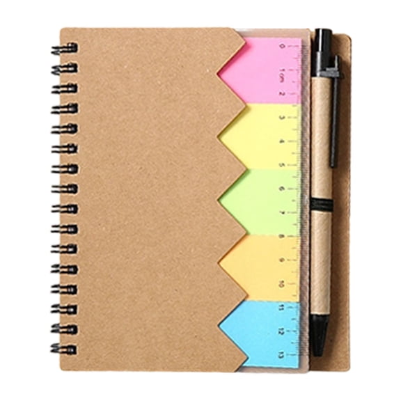 1 Pc Sticky Notes Notebooks Colored Page Markers Bundle Set Spiral Notebook Steno Pocket Notepad with Pen, Sticky Notes and Page Marker Index Tabs Flags for Office, 5.7x4.4 Inch, Brown