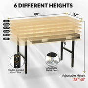 60 Workbench with Drawers, Adjustable Height Work Bench 2000 LBS Heavy-Duty Work Table Rubber Wood Work Station with Power Outlet & Pegboard for Garage, Office, Workshop, Home