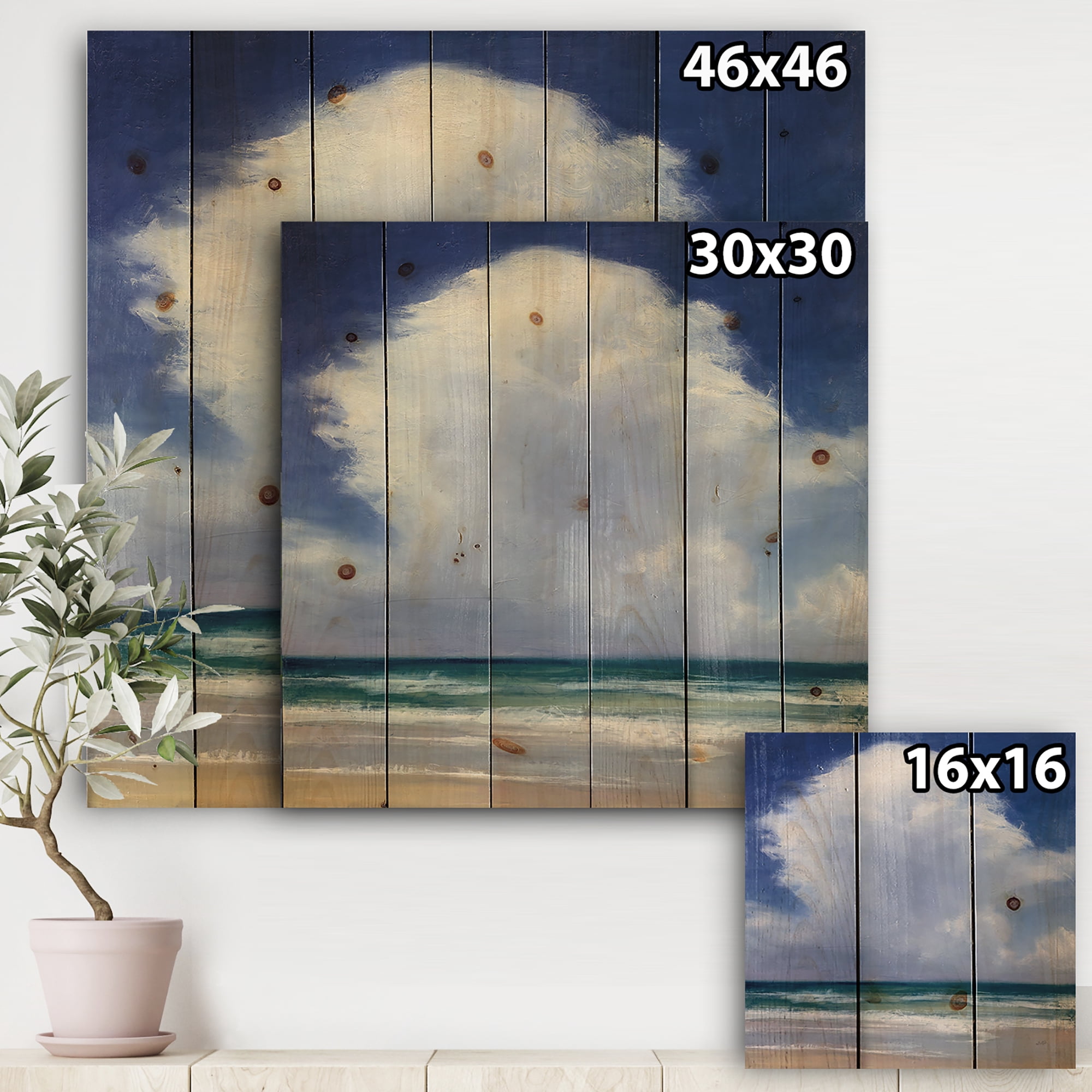 Designart 'Beach Clouds On Turquoise Beach' Coastal Landscape Print on Natural Pine Wood