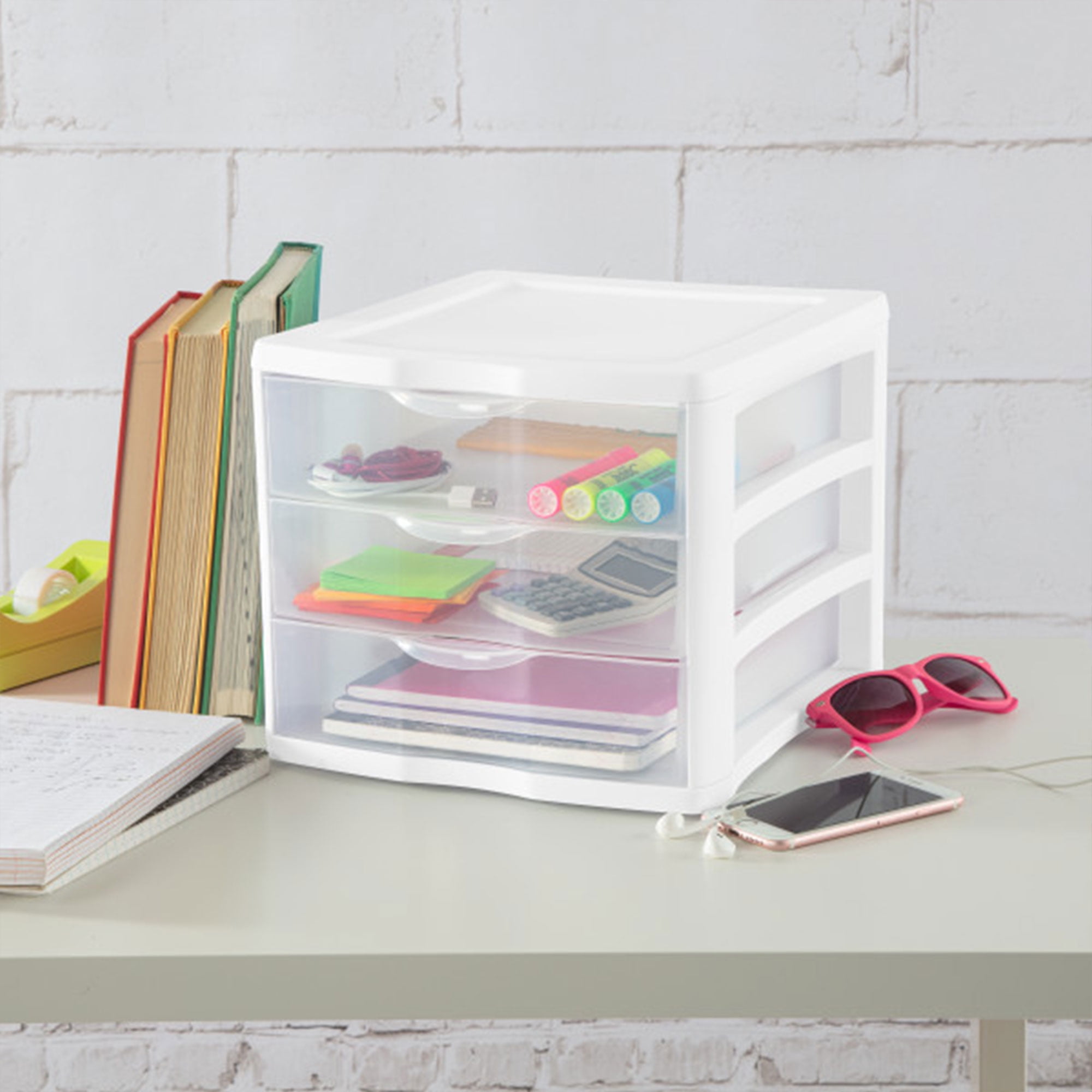 Sterilite 3 Drawer Unit, Stackable Plastic Organizer System with Storage Drawers, 4 Pack