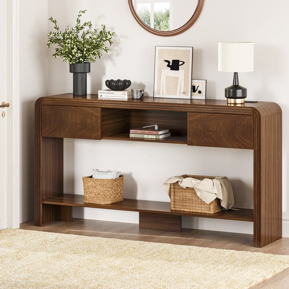 Console Sofa Table for Entryway, 63" Foyer Tables for Living Room End Table Farmhouse Couch Table Behind Sofa with 2 Drawers,Open Storage Space, Large Shelf for Hallway, Walnut