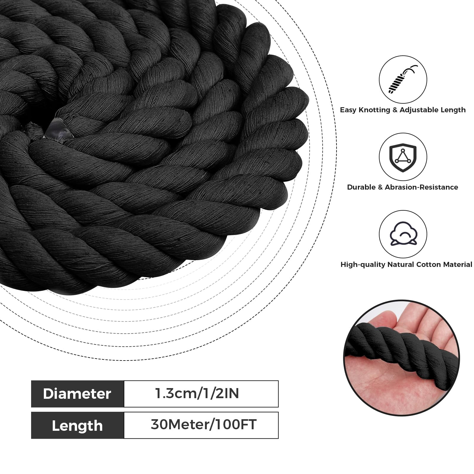 1/2" x 100FT, Natural 3-Strand Twisted Cotton Rope, Thick Braided Soft Macrame Cord for DIY Crafts, Home Decor, Plant Hangers & Outdoor Projects(Black)