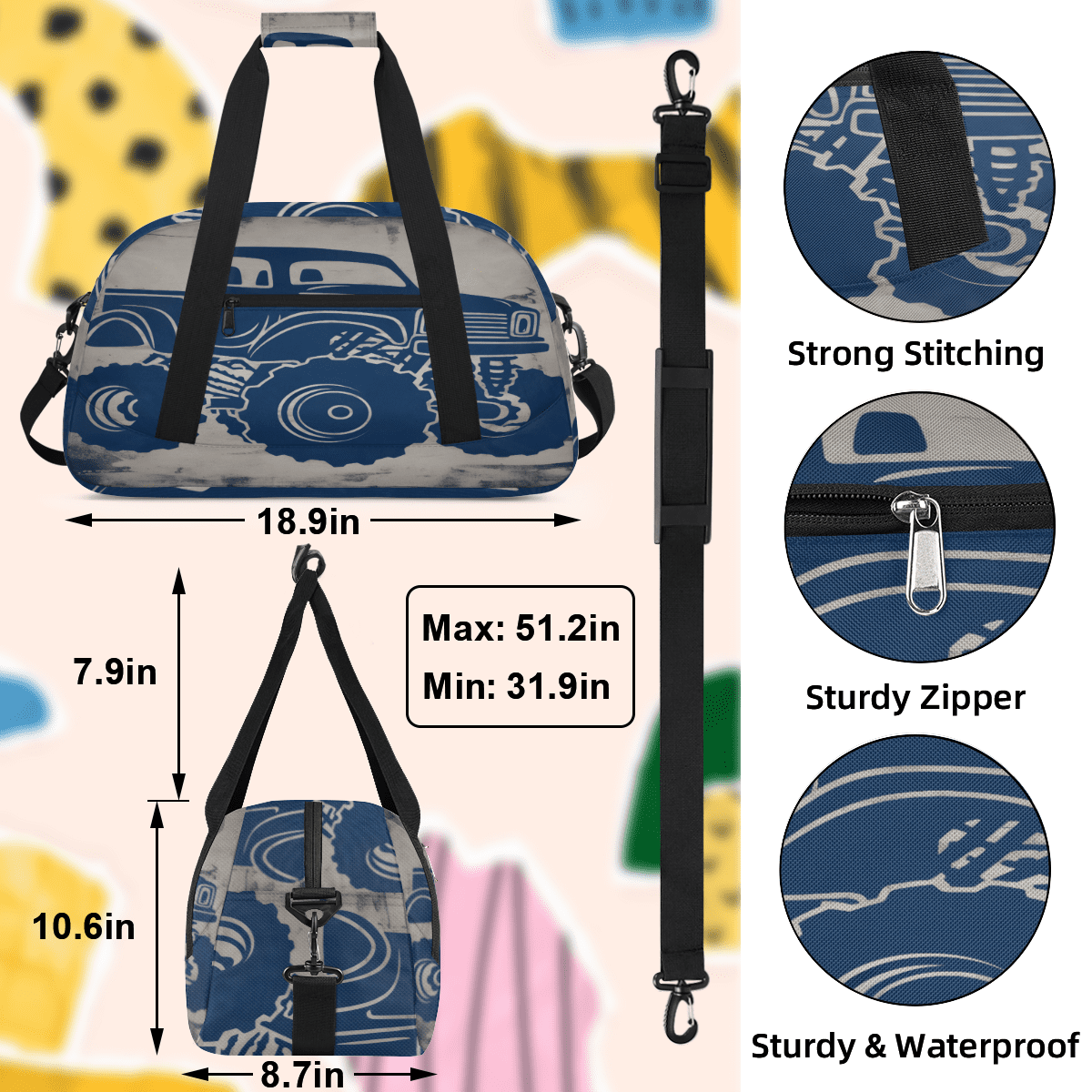Herdesigns Monster Truck Sports Duffle Bag for Women & Men, Monster Truck Gym Bag Dance Bag Overnight Bag Carry On Weekender Travel Bag