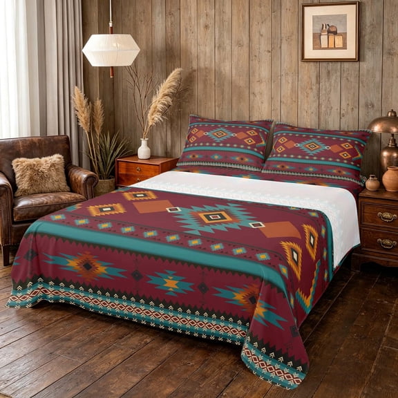 Manfei Tribal Aztec Bed Sheets, Boho Geometric Fuul Size Sheets, Teal, Orange and Maroon, Black Reversible 4 Pieces1 Flat Sheet 1 Fitted Sheet 2 Pillowcases