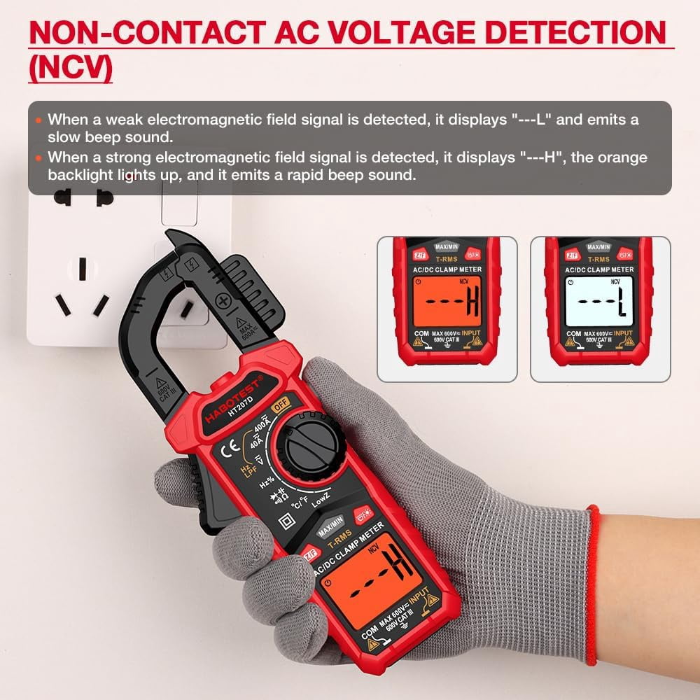HT207D 4000 Counts Digital Clamp Meter, Handheld Multimeter, AC DC Voltage, Current Voltmeter, Diode Resistance, High Precision Multifunctional Digital Display Clamp Meter
