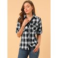 thumbnail image 3 of Unique Bargains Chemise à Carreaux pour Femmes Manches Retroussables Poches à Rabat Brossée, 3 of 4