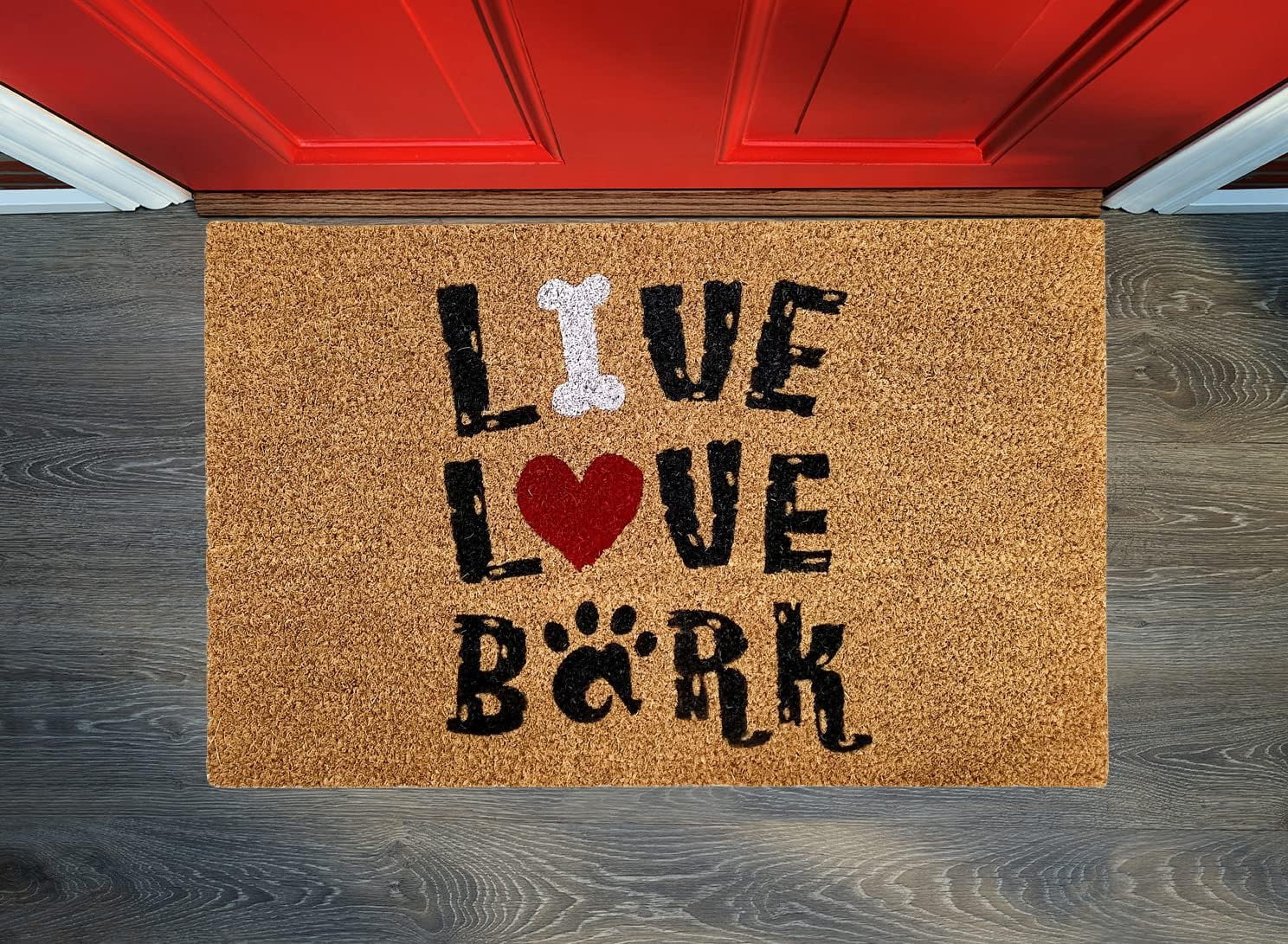 Kashi Home Printed Coir Fiber 18x28 Non-Slip Doormat, Durable Outdoor / Indoor Rug, Entryway, Front Door, Porch, Patio, Welcome Mat, Animal Lover Theme, Cat Dog Pet Design Decor (Live, Love, Bark)