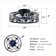 Dayu 20 Inch Matte Black Rustic Flush Mount Wildlife Forest Caged Enclosed Ceiling Fan with Light and Remote Control
