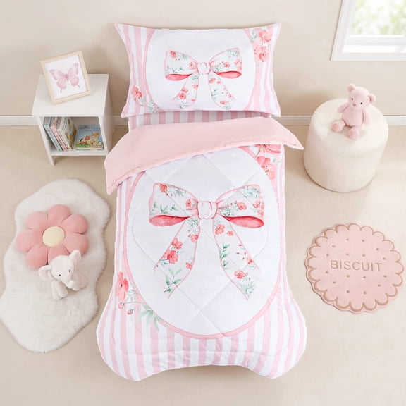 4-Piece Toddler Bedding Set - Soft Microfiber Comforter Set with Flat Sheet, Fitted Sheet, Pillowcase, Cute Bow Floral Design for Standard Toddler Beds