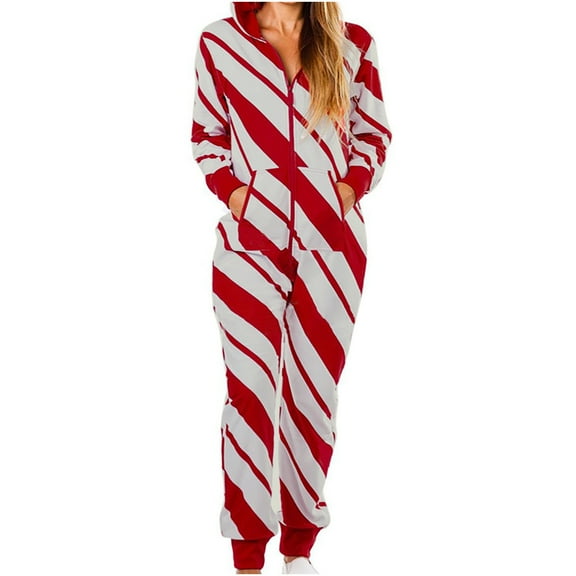Tejiojio Christmas Matching Women's Fashion Casual Hooded Pajamas Print Christmas Romper Homewear