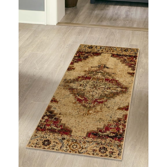 Rugs.com Saturn Collection Rug – 5 Ft Runner Burgundy Beige Medium Rug Perfect For Hallways, Entryways