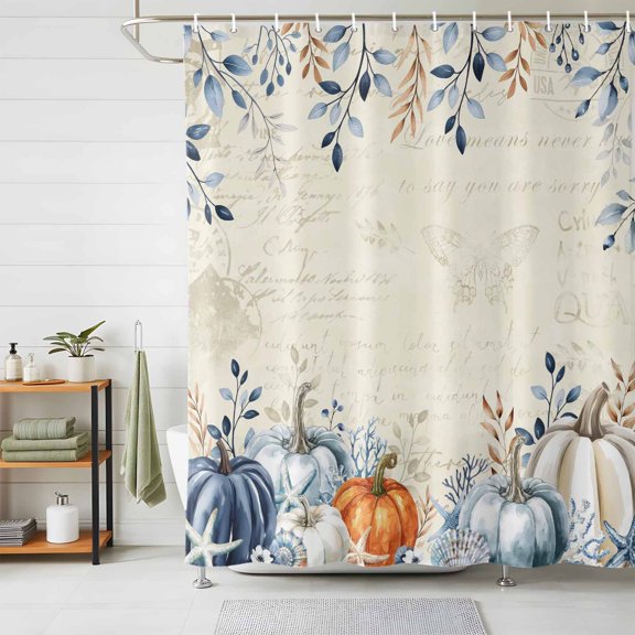 Shower Curtains for Bathroom, Blue Pumpkins Fall Waterproof Fabric Shower Curtain, Thanksgiving Leaves Farmhouse Decorative Bathroom Curtain for Bathtub, 72"x72", No Hooks Included