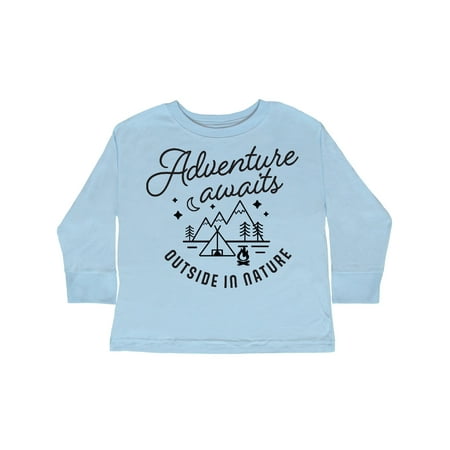 

Inktastic Adventure Awaits Outside in Nature with Tent and Mountains Gift Toddler Boy or Toddler Girl Long Sleeve T-Shirt