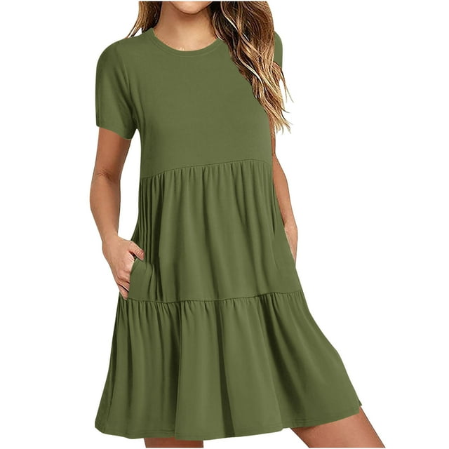 Pisexur Robes Midi pour Femmes Manches Courtes Col Rond Robes d'Été Mode Unie Fluide Décontractée Robe à Volants avec Poches