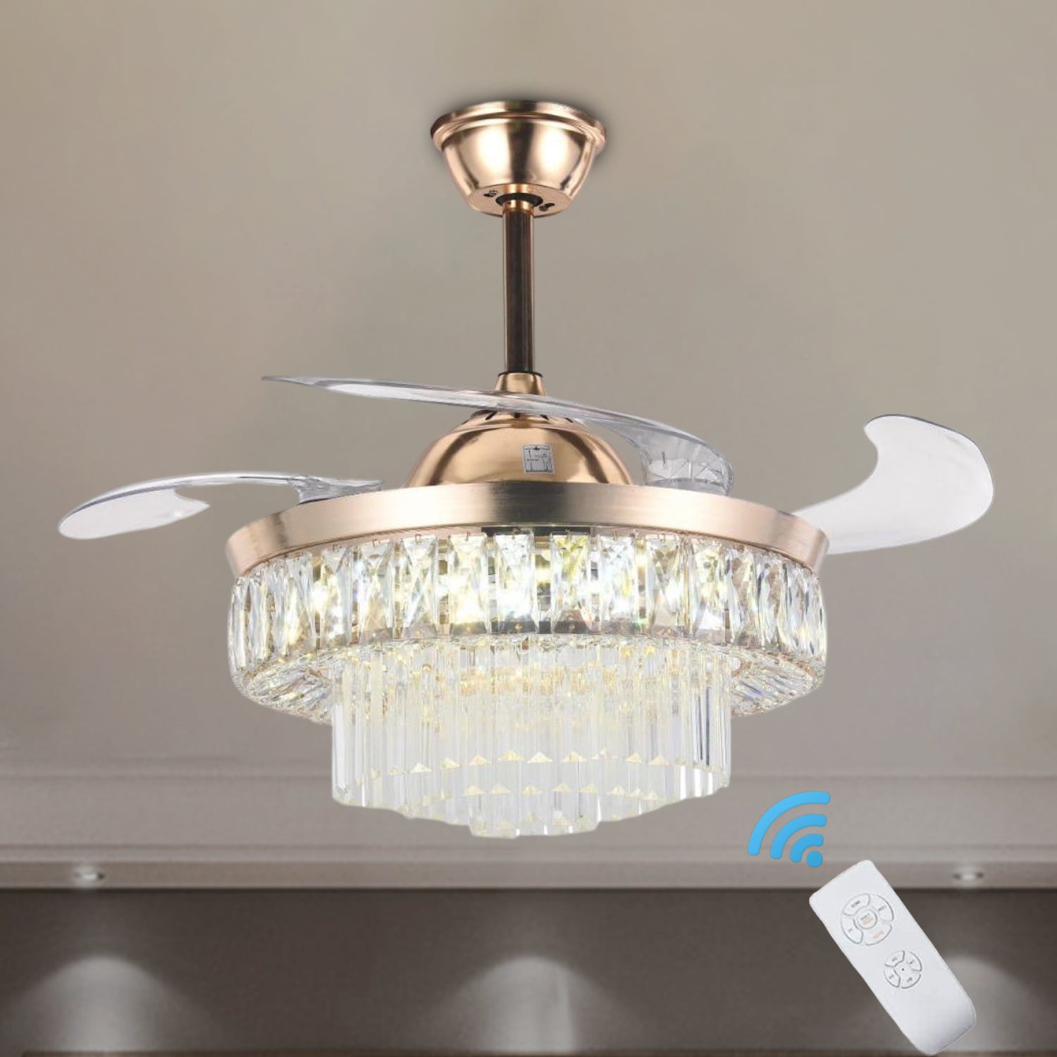 FINE MAKER Crystal Chandelier with Fan Remote Control Ceiling Fan with ...