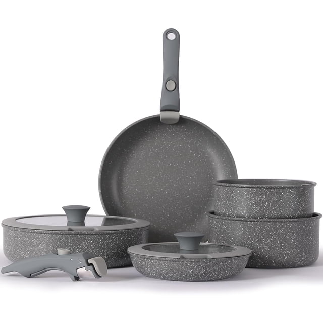 vkoocy Vkoocy pot and pan set with removable handle, Nonstick Cookware Set Detachable Handle, Induction Kitchen Camping Stackable Pots Pans, Dishwasher/Oven Safe, Grey