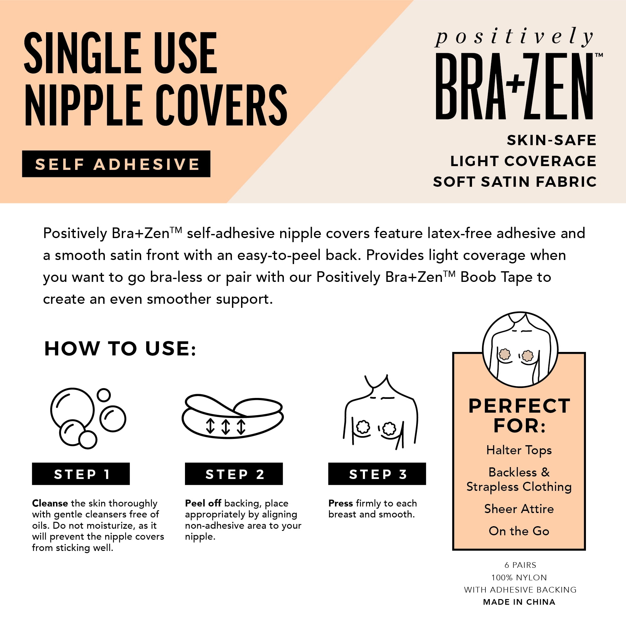 Positively BRA+ZEN 6-Pair Pack Single Use Satin-Like Breast Petal Adhesive Nipple Covers, One Size