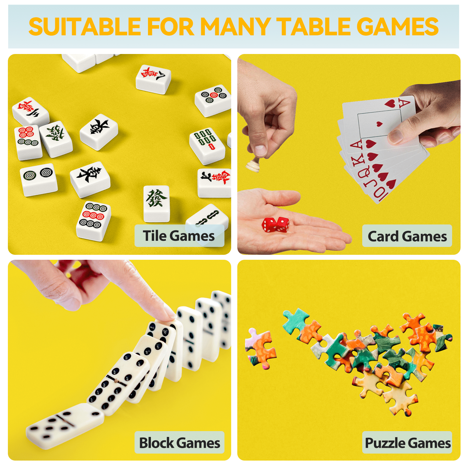 Noise Reducing Anti-Slip Table Cover Pad | Portable Game Mat for Mahjong, Poker, Cards, Dominoes with Carry Bag (Yellow)
