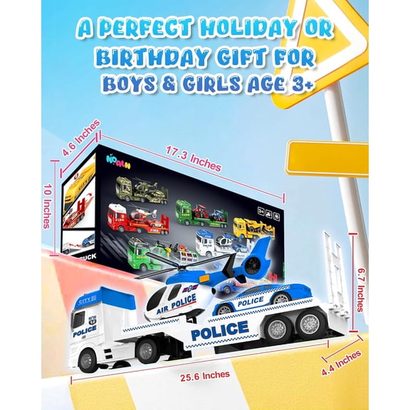 Toddler Boy Toys for 3   Year Old, Large Semi Truck Toy with Racing Car and Helicopter Toy, Police Car Toy, Birthday for Kids Child Over 3 Years Old, 25''
