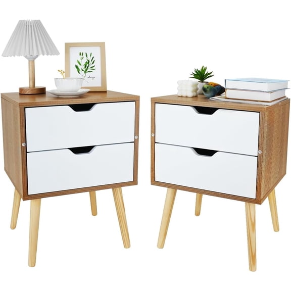 【HOSTK】Tan 2-Drawer Nightstands Set of 2 - Modern Wooden Bedside Tables with Solid Wood Legs & Large Storage for Bedroom/Living Room