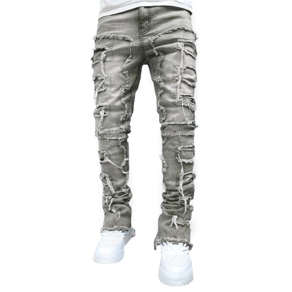 Douhoow Men Stacked Jeans Ripped Skinny Denim Pants Streetwear Patch Distressed Destroyed Trousers with Pockets