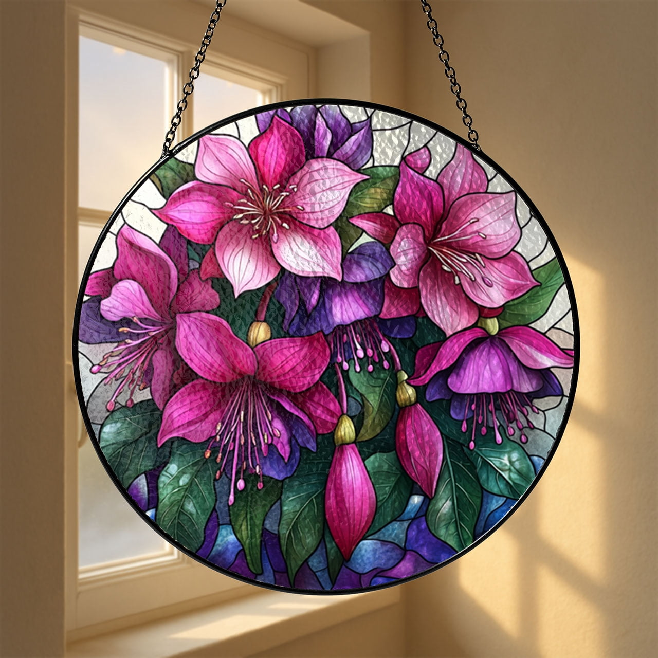 Faux Stained Glass Fuchsia Panel, Exotic Flower Window Hanging
