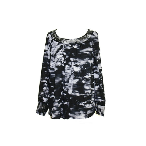 Alfani Womens Black Long-Sleeve Stud-Trim Printed Blouse 2