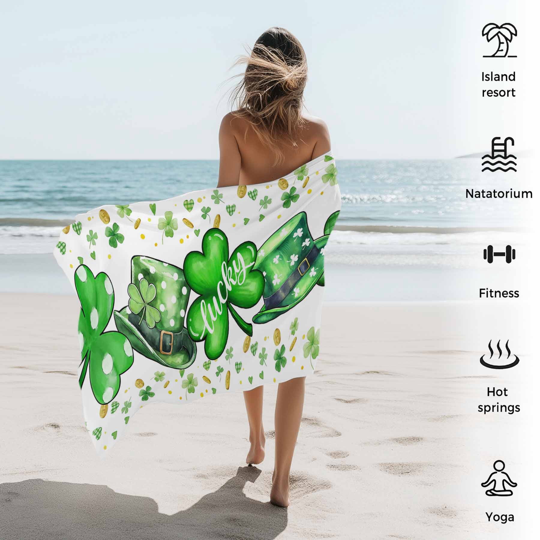 St. Patrick's Day Beach Towels Blanket Soft&Absorbent Quick Dry Microfiber Green Lucky Shamrocks Hat Pool Towels for Swimming ,Yoga, Sports, Gym, Camping,Large 35X70in, Gold Coin