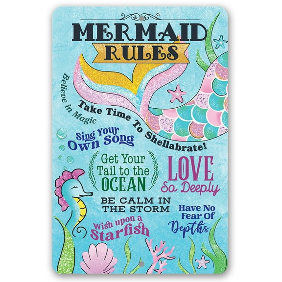 Metal Sign - Mermaid Rules - Durable Metal Sign - Use Indoor/Outdoor - Makes a Great Beach House Decor and Gift Under $20 (8" x 12")