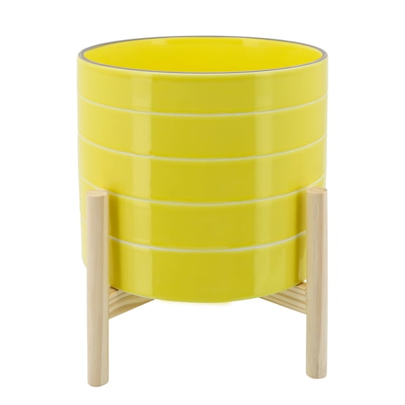 Sagebrook Home 10" Striped Planter With Wood Stand, Yellow