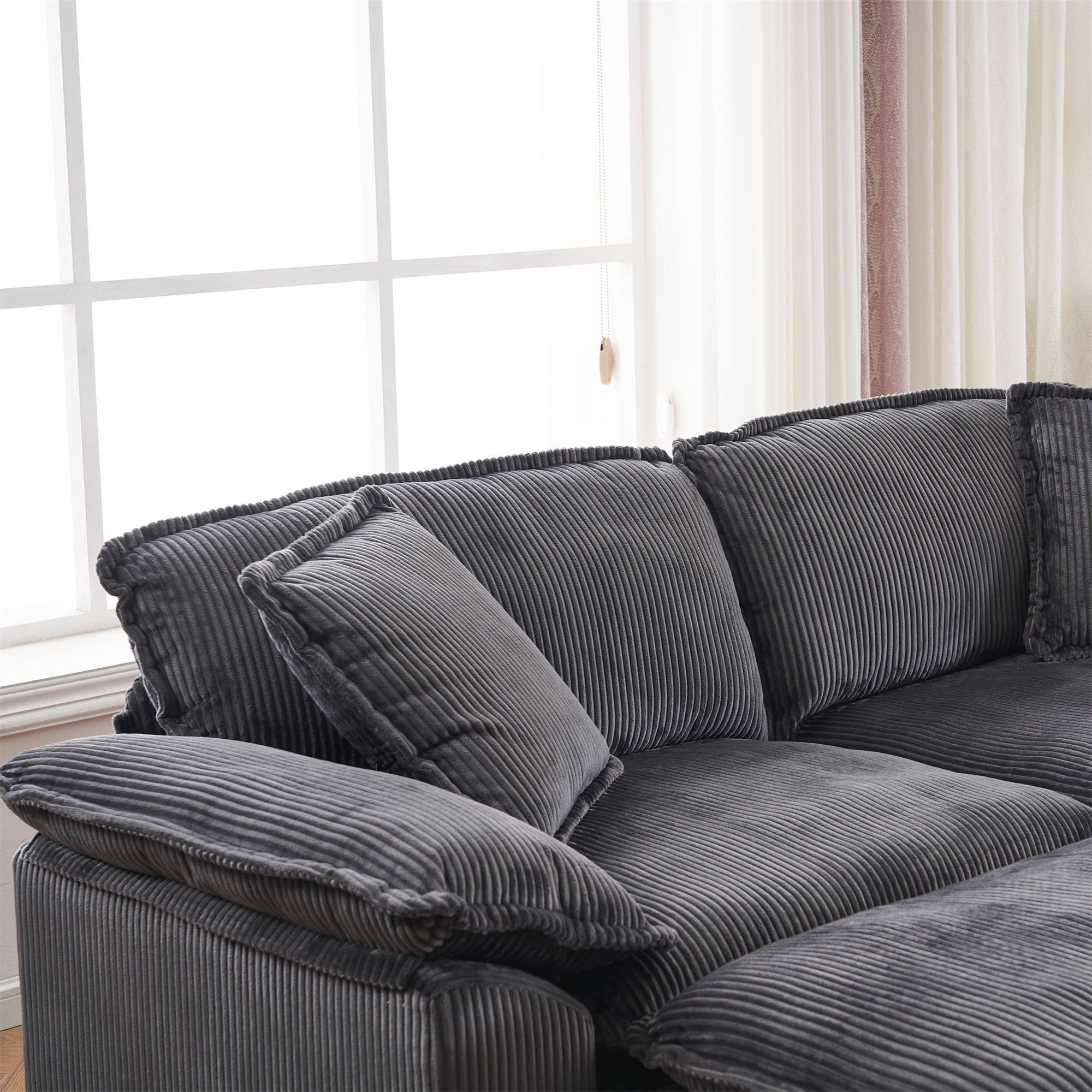 Aukfa Modular Sectional Couch Deep Seat Loveseat Sofa with 2 Ottoman for Living Room, 6 Pillows, Corduroy, Gray