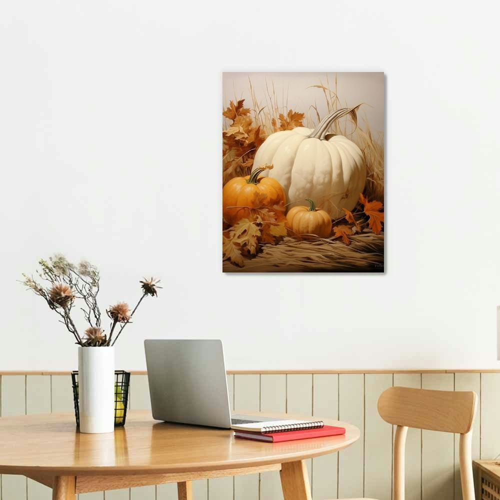 JRXY Farmhouse Fall Canvas Wall Art White Pumpkin Still Life Painting Pictures Rustic Farm Pumpkin Fall Leaves Posters Halloween Thanksgiving Autumn Wall Print Decor 16x20 in