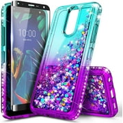 LG Journey LTE Phone Case, Aristo 4+ Plus/Neon Plus/Escape Plus/Arena 2/Tribute Royal with Tempered Glass Screen Protector, Nagebee Glitter Liquid Floating Quicksand Girls Cute Case (Aqua/Purple)