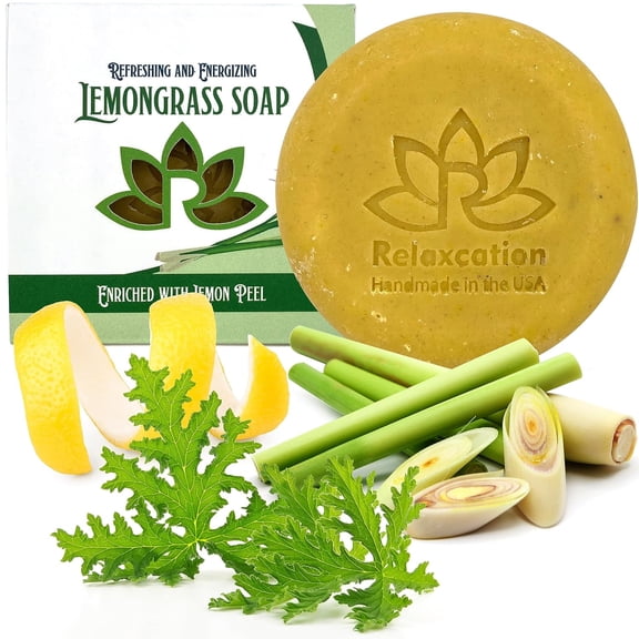 Natural Organic Soap Bar with Lemongrass Leaves and Lemon Peel Cold Process Refreshing Energizing Safe Handmade in USA by Relaxcation