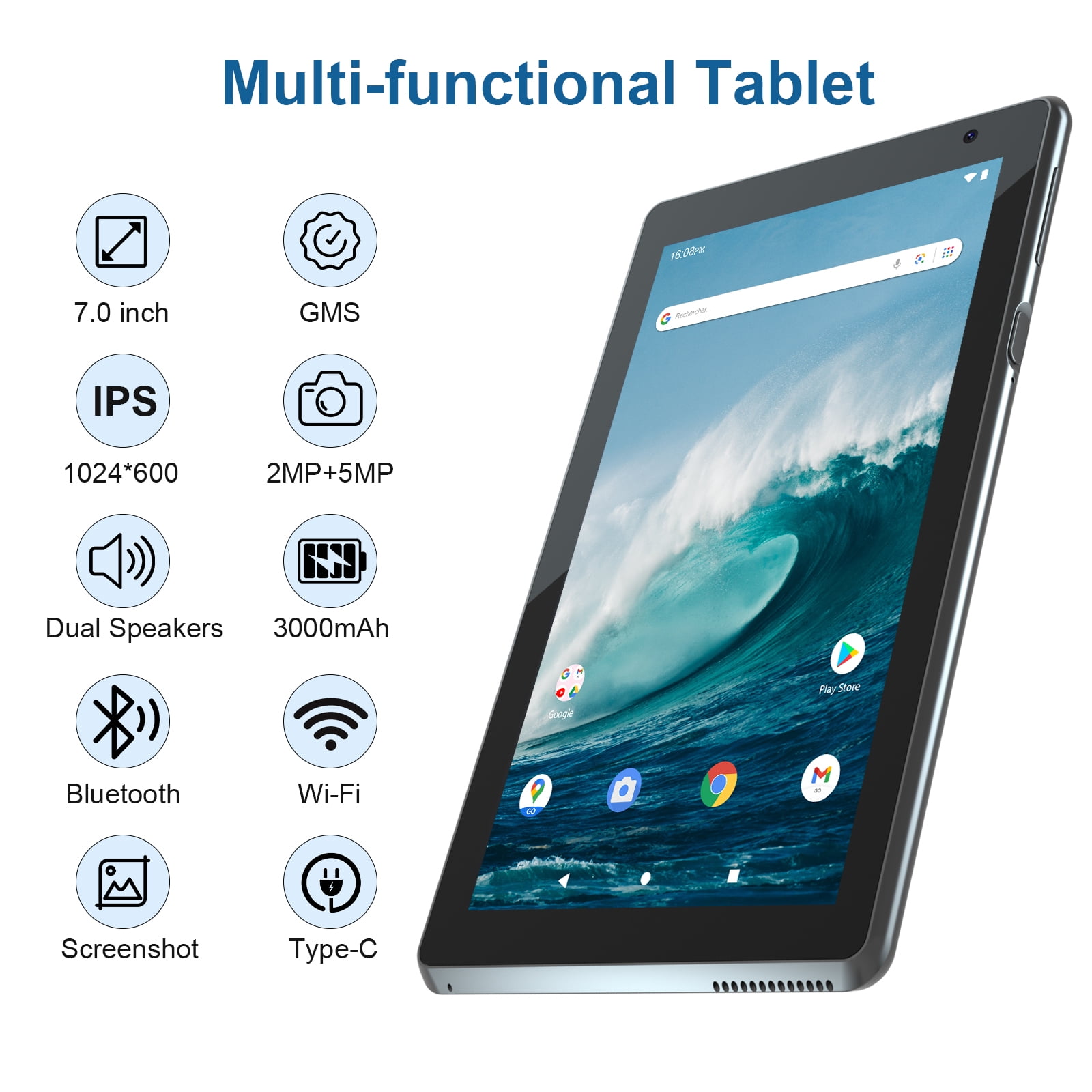 RUIQIAI Tablet 7 inch Android 14 Tablet, 4GB+32GB ROM(1TB Expand), Tablet for Kids, Quad-Core, 2.4G WiFi Tab（Black）