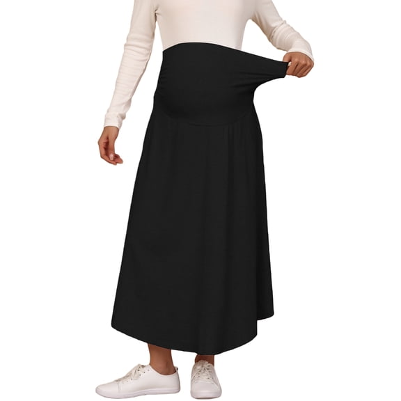 INSPIRE CHIC Maternity Skirt with Pockets Over Belly Maxi High Waist A-line Solid Stretchy Work Skirt Stretchy Office Wear Large Black