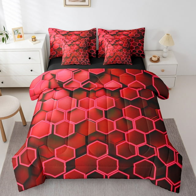 Erosebridal Geometric Hexagon Bedding Sets Twin Size,Gradient Comforter Sets with Sheets,Neon Decor,Reversible,Breathable,7-Piece