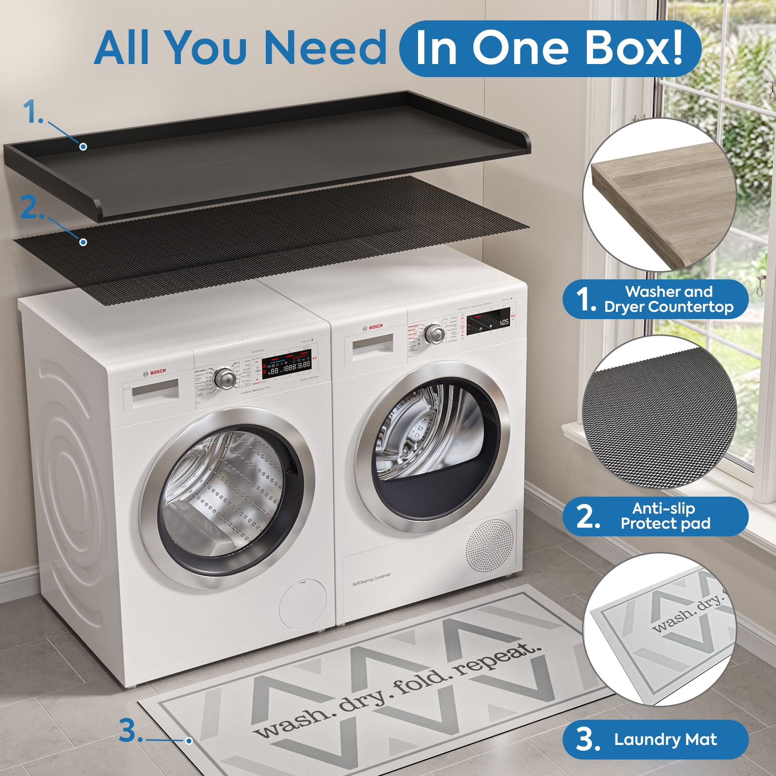 Wood Washer Dryer Countertop with Anti-Slip Pad, 27.6" D x 54" W Dryer Covers for The Top with Edge Rails, Washer Dryer Topper for Laundry Room, Black