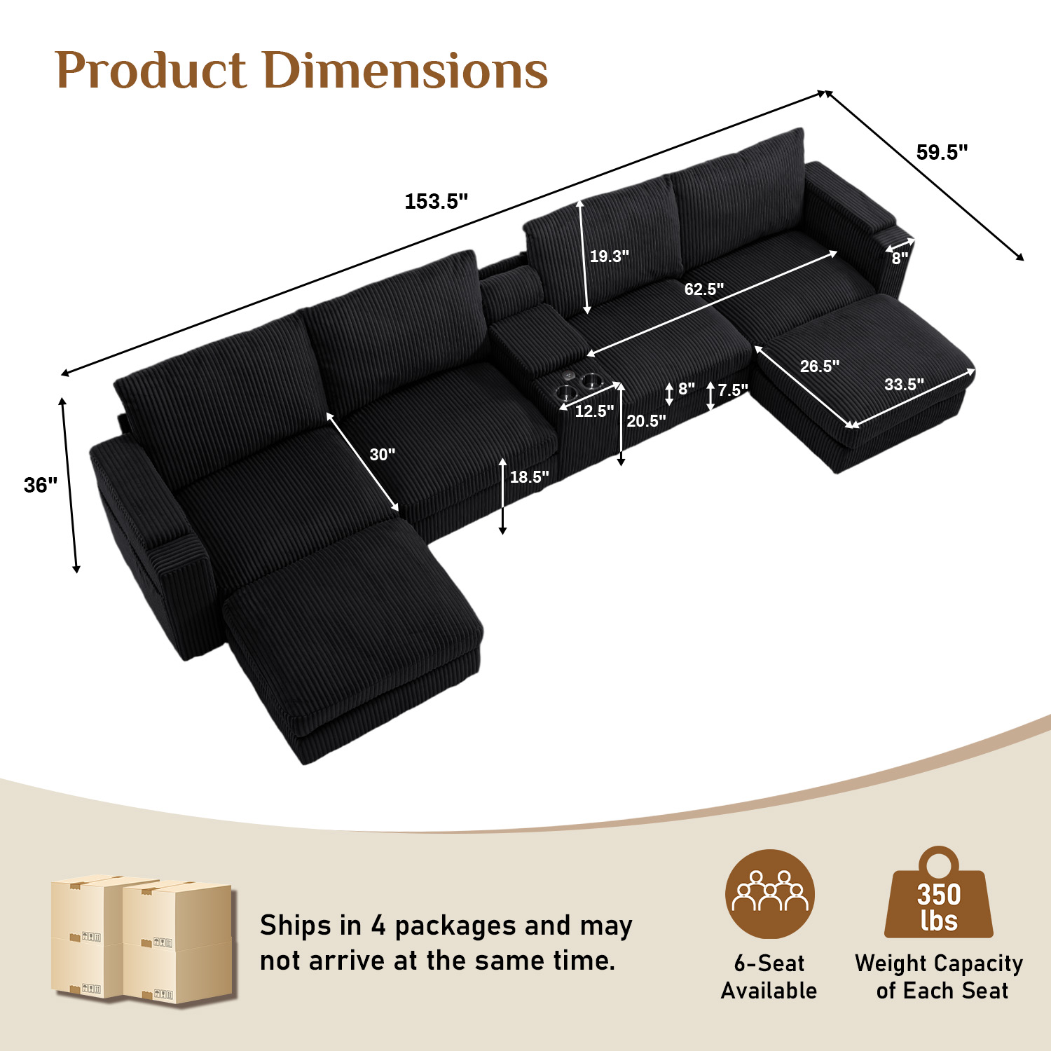 Wiilayok 153" Oversized U-Shaped Cloud Couch Sectional with Modular Design for Living Room: Comfy Corduroy, Ottoman, USB Port, Cup Holder, Armrest Storage, Side Pocket, Black
