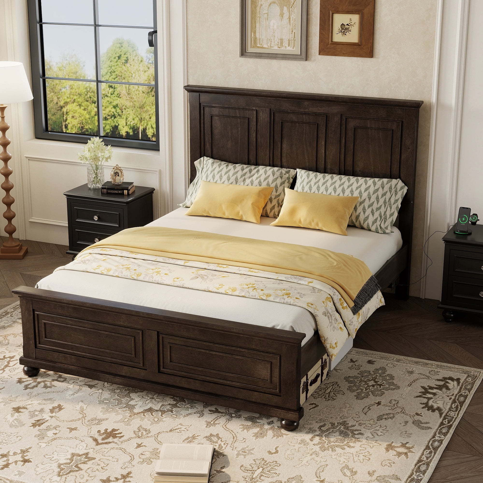 Mirightone Farmhouse King Size Bed Frame with Tall Headboard & Footboard and Built-in Charging Station, Wooden King Bed Frame with Wood Panel Bed Base, No Squeak, Rich Brown