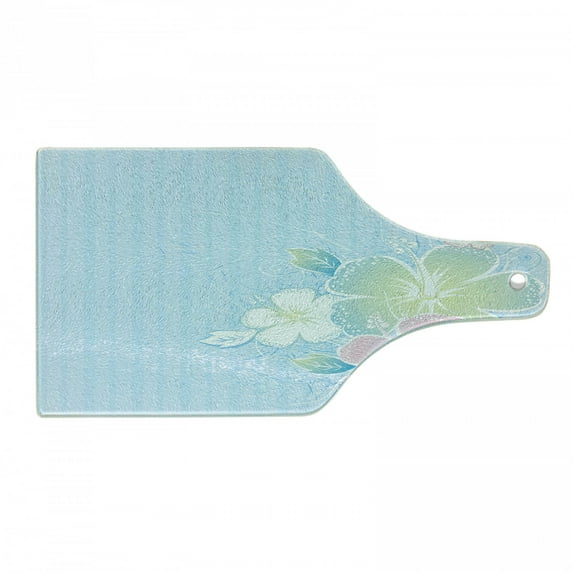 Flower Cutting Board, Bouquet of Hibiscus Flowers on Vertical Striped Background Soft Color Print, Tempered Glass Cutting and Serving Board, Wine Bottle Shape, Pale Blue Pale Pink, by Ambesonne