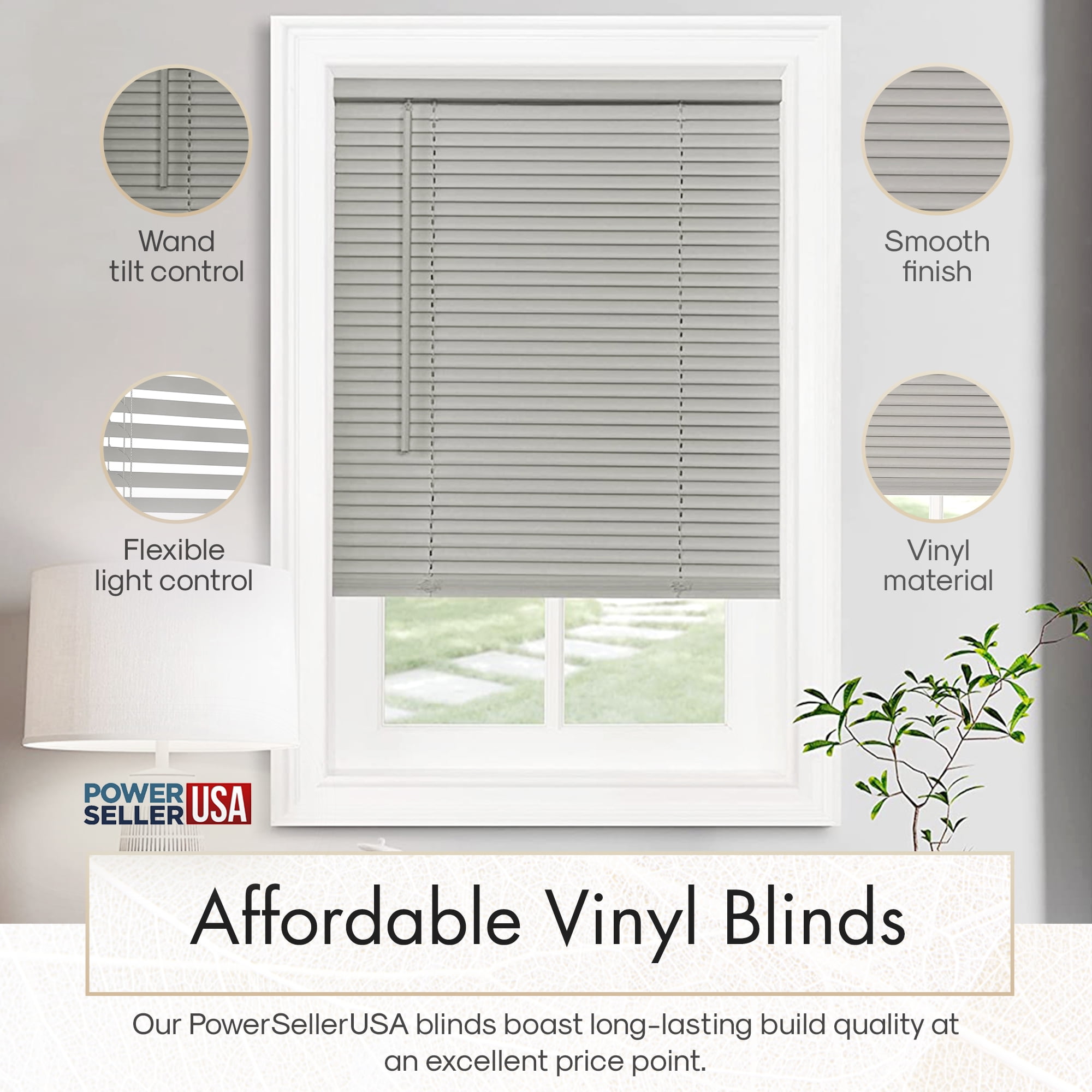 PowerSellerUSA 1" Slats Cordless Window Blinds, 72L x 31W Inches Solid Pattern Light Filtering Vinyl Indoor-Outside Ceiling Mount Mini Blind, Manual Cordless Rollup Window Privacy Blinds, Gray