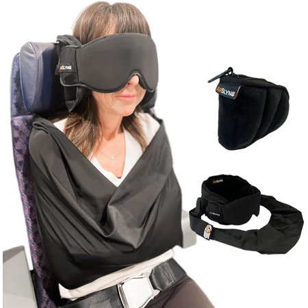 3-in-1 Airplane Sleep Support System - Integrated Plane Sleeping Accessories with Memory Foam Long Haul Flight Pillow, Adjustable Travel Eye Mask, and Blanket-Like Body Sling Fits in Carry On