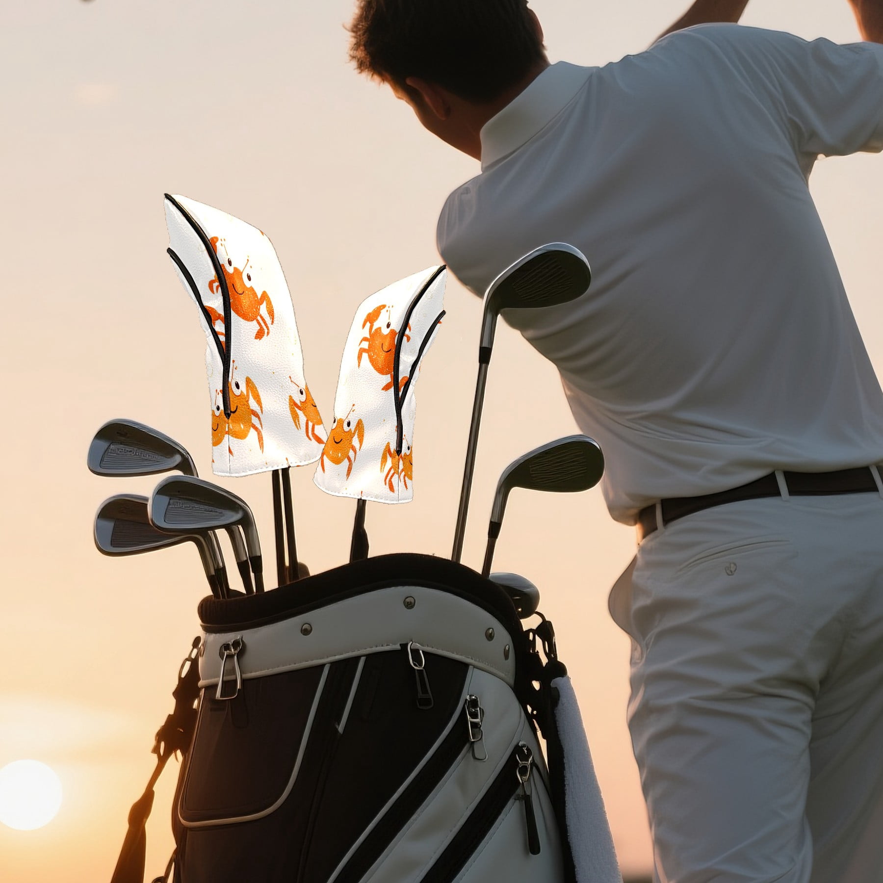 Golf Club Covers PU Leather Waterproof Head Covers for Fairway Woods Hybrids Crab Pattern Unisex Fits Most Brands